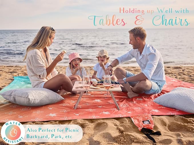 WEKAPO Beach Blanket Waterproof Sandproof Oversized Extra Large Sand Free Beach Mat with Stakes, Storage Bag - Essentials for Outdoor Beach, Picnic(Gradient Coral Sea Turtle, 8 X 7 FT (1~4 Person)) - Image 4