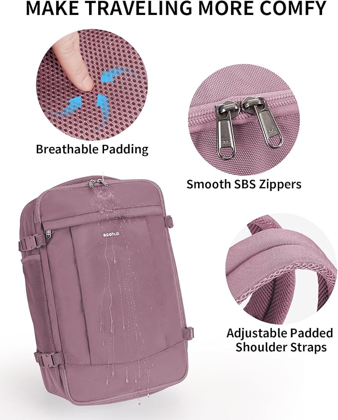 ECOHUB Travel Backpack for Women, Carry on Backpack with USB Charging Hole, Spirit Airlines Personal Item Bag Flight Approved, 15.6 Inch Laptop Backpack with Anti Theft Pockets, 30L, Pink - Image 7