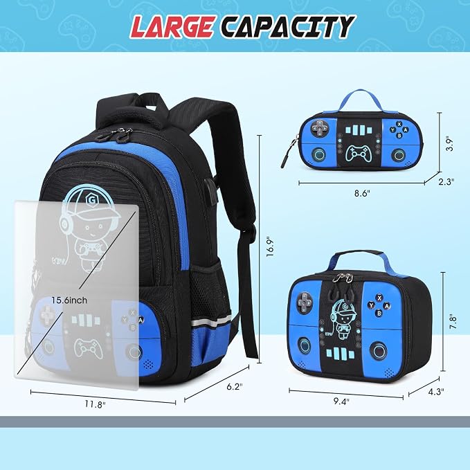 Bevalsa Backpack for School Boys, Cool Luminous Gamer Boys Schoolbag with Lunch Box & Pencil Case Set for Kids Teens Elementary Middle School, Bookbag Glow In The Dark(Blue Backpack) - Image 3