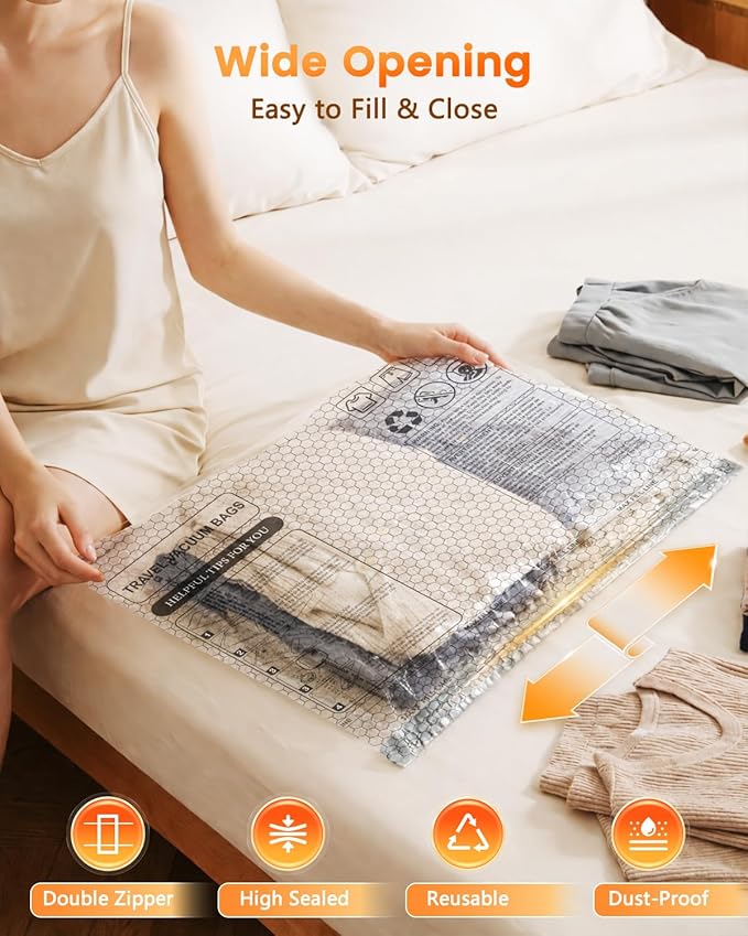 15 Pack Vacuum Seal Bags for Clothing Travel with -60KPa Rechargeable Wireless Pump, Space Saver Compression Vacuum Storage Bags in Multiple Carry-On Sizes for Luggage, Suitcase and Seasonal Storage - Image 5