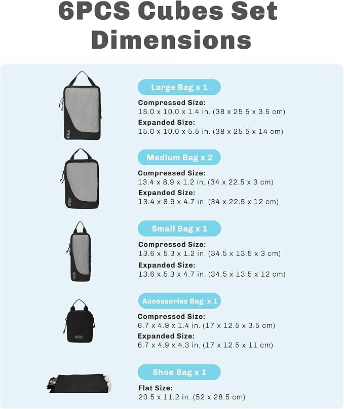 Hynes Eagle 6 Set/ 4 Set/ 2 Set Compression Packing Cubes Travel Essentials Lightweight Nylon Luggage Suitcase Organizer Bag Black 6PCS - Image 2