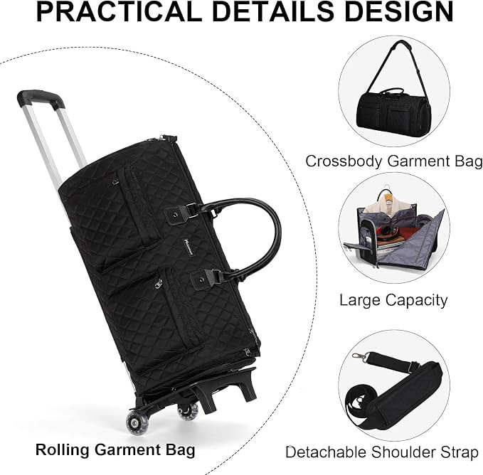 Convertible Rolling Garment Bag, Carry-On Duffle | 3-in-1 carry-on rolling duffle bag with wheels, suit carrier for overnight travel for both men and women - Image 4