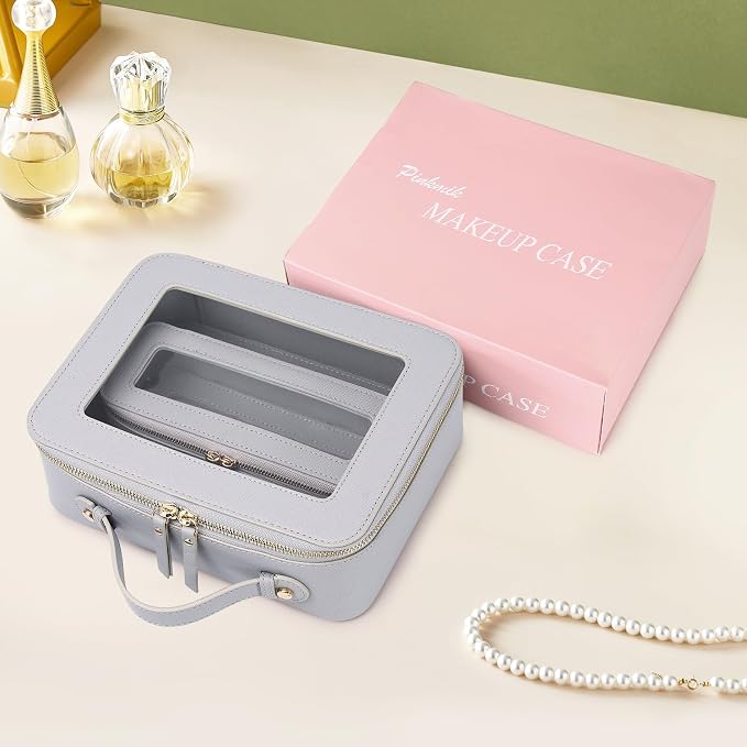 Pinkmik Clear Makeup Bag with Brush Bag 2pcs Waterproof Travel Case for Cosmetics and Toiletries Women's Cosmetic Organizer with Zipper (Gray, L+SLIM) - Image 6