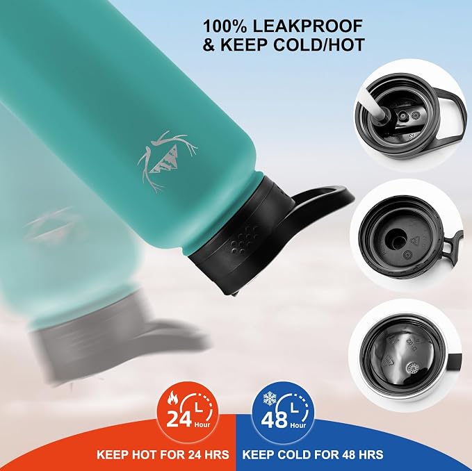 NATURE PIONEOR 32 oz Insulated Water Bottle with Carrier Bag & 3 Lids | 18/8 Food-grade Stainless Steel, Double Vacuum Insulation, 3 Leak-proof Lids, Strap, Camping, Hiking, Gym, Work - Image 3