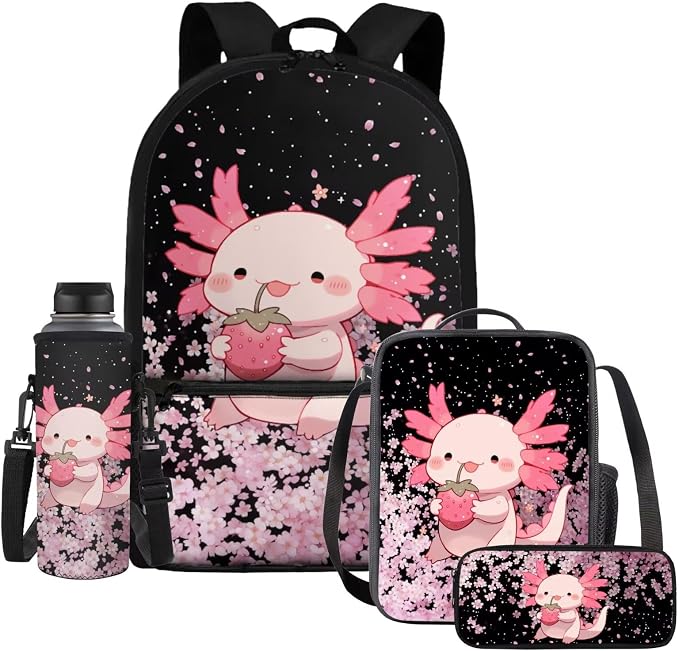 Axolotl School Backpack for Girls 6-8 Years Old with Lunch Bag Elementary Strawberry School Backpack Kids Lunchbox Set 4 Piece Bookbag/Lunch Box/Pencil Case/Water Bottle Holder by Dremagia
