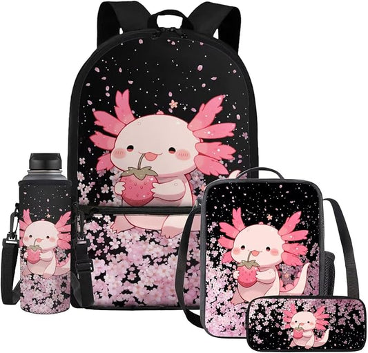 Axolotl School Backpack for Girls 6-8 Years Old with Lunch Bag Elementary Strawberry School Backpack Kids Lunchbox Set 4 Piece Bookbag/Lunch Box/Pencil Case/Water Bottle Holder by Dremagia
