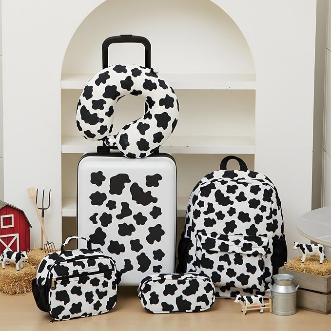 Redbaker 6 Pcs Kids Luggage Set, 17 Inch Rolling Suitcase with Backpack Lunch Bag Neck Pillow, Black and White Cow Travel Set for Summer Vacation Sleepover Back to School Gift - Image 7