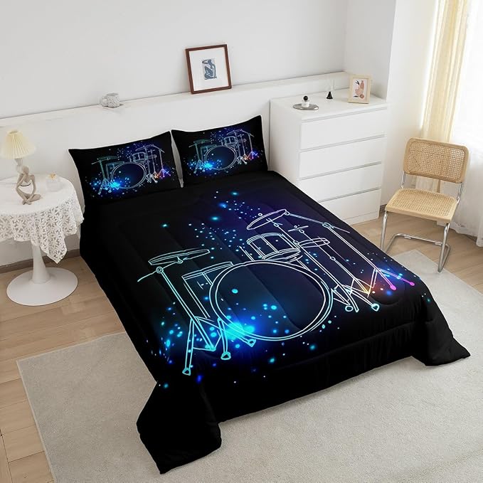 Erosebridal Teens Drum Kit Comforter Set, Kids Boys Hip Hop Bedding Set, Rock Music Theme Quilted Duvet Grunge Style Lightweight Down Comforter for Youth Teenage Bedroom Decor, Blue Bedclothes, Queen - Image 2
