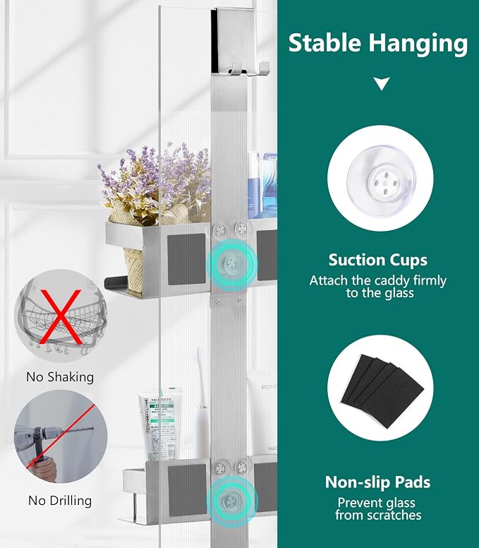 Emibele Over The Door Shower Caddy 2 Tier, 304 Stainless Steel Hanging Shower Caddy Rustproof Shower Shelves, No Drilling Hanging Shower Organizer for Bathroom Glass Door, Silver - Image 5