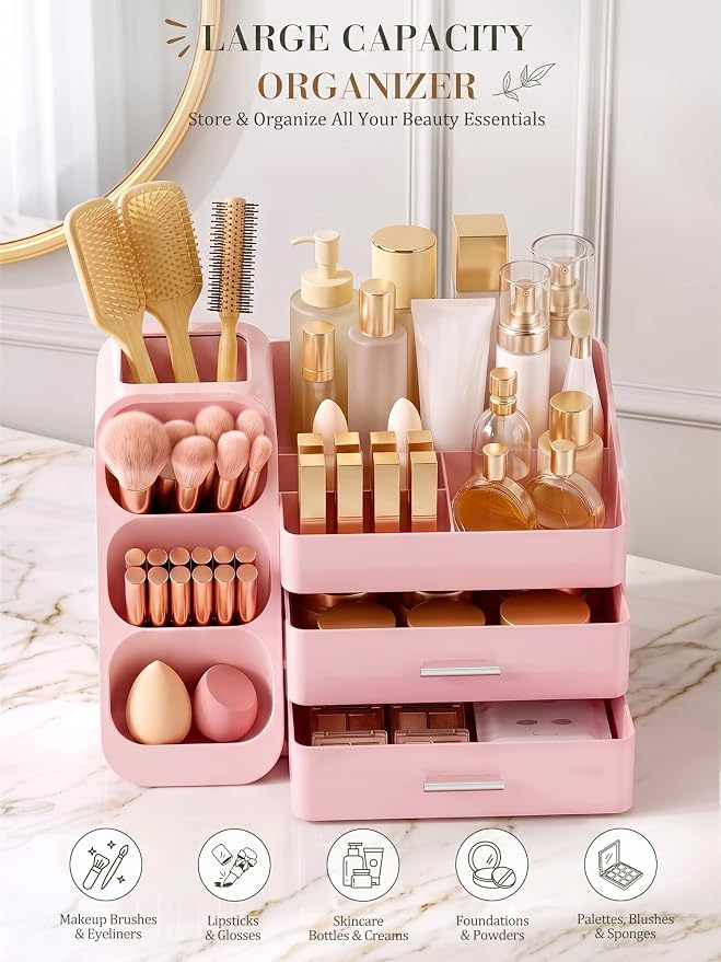 Makeup Organizer with Drawers,Large Capacity Countertop Organizer for Vanity,Bathroom and Bedroom Desk Cosmetics Organizers,Easy To Storage Skincare,Brushes,Lotions (All Pink) - Image 3