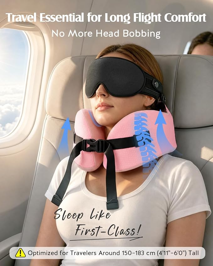 YFONG Travel Pillow for Long Flights, Patented 360° Ergonomic Sleeper Hold Head Support System with Memory Foam Neck Pillow & 3D Sleep Mask, Prevent Head Bobbing for Airplane & Road Trip, Pink - Image 2