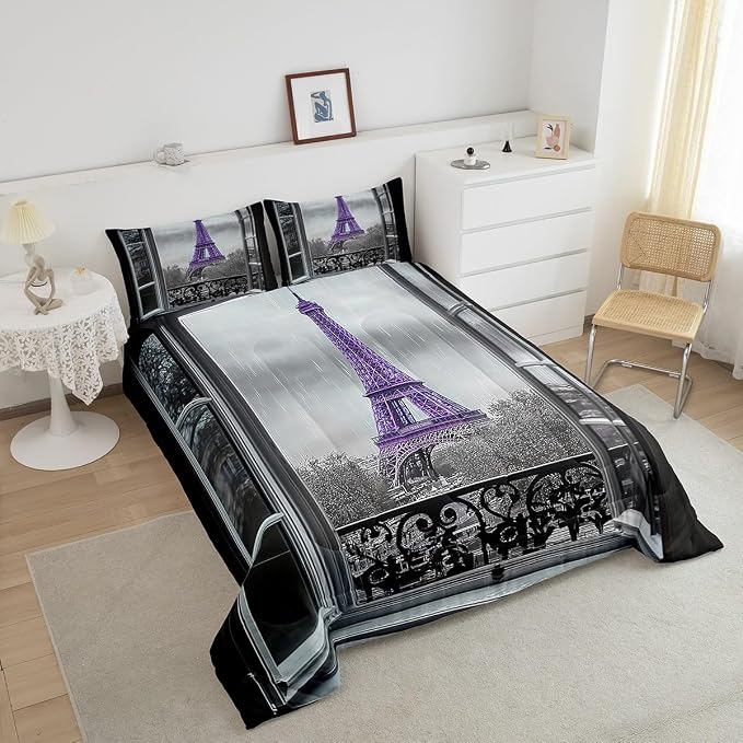 Erosebridal Purple Eiffel Tower Comforter Set Twin,Vintage France Paris Bedding Set for Girls Boys Teens Women Retro City Building Down Comforter Romantic Rainy Day Quilt Pillow Case Bedroom Decor - Image 4