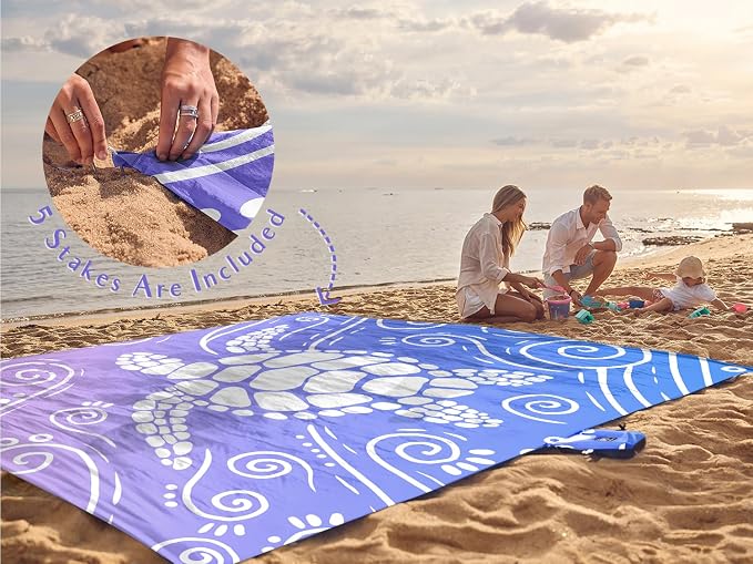 WEKAPO Beach Blanket Waterproof Sandproof Oversized Extra Large Sand Free Beach Mat with Stakes, Storage Bag - Essentials for Outdoor Beach, Picnic (Blue Purple Sea Turtle, 8 X 7 FT (1~4 Person)) - Image 6