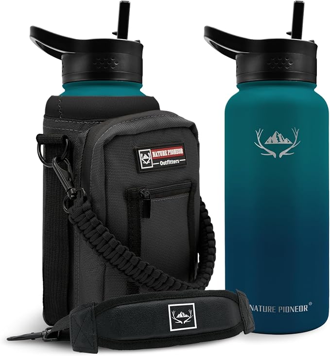 NATURE PIONEOR 32 oz Insulated Water Bottle with Carrier Bag & 3 Lids | 18/8 Food-grade Stainless Steel, Double Vacuum Insulation, 3 Leak-proof Lids, Strap, Camping, Hiking, Gym, Work by NATUREPIONEOR