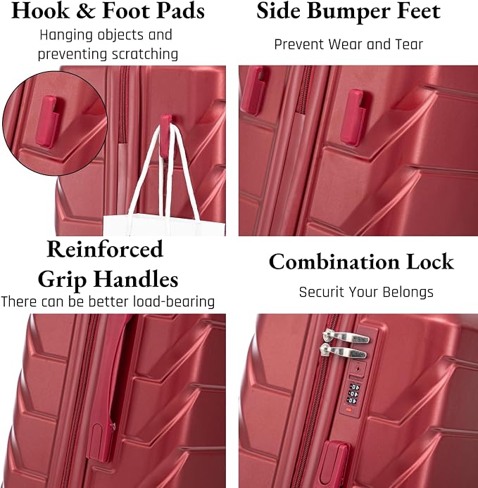 3-Piece ABS Spinner Luggage Set (20" 24" 28") with Combination Lock, Matching Hardshell Suitcases, Wine Red - Image 3