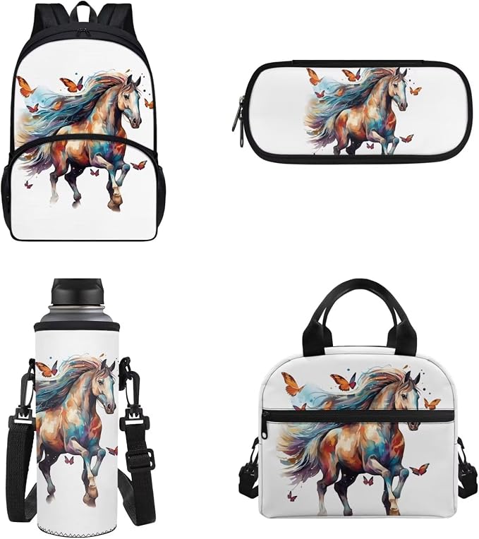 POLERO Butterfly Horse Backpacks Teen Girl Backpack Set 4Pcs Middle School Elementary Bookbags with Lunch Box Pencil Case Water Bottle Sling Bag by WelcometoPOLERO