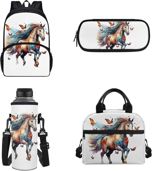 POLERO Butterfly Horse Backpacks Teen Girl Backpack Set 4Pcs Middle School Elementary Bookbags with Lunch Box Pencil Case Water Bottle Sling Bag by WelcometoPOLERO