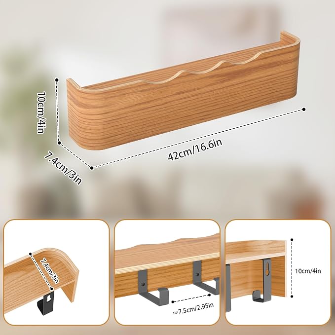 Wall Mounted Coat Rack with Shelf, Wooden Entryway Organizer with Hidden Metal Hooks for Hanging Coats Bags Keys, Modern Floating Shelf for Hallway Bathroom - Image 2