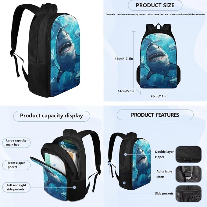 Shark Backpack for Boys Kids Backpack with Lunch Box Water Bottle Carrier and Large Pencil Case 4PCS Set Bookbag with Compartments for School Teens 17 inch Sturdy School Bag for Girls - Image 4