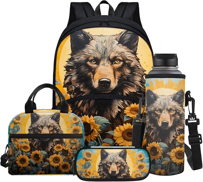 Sunflowers Wolf Print 17 Inch Backpack for Kids Large Capacity Bookbag with Thermal Insulated Lunch Box Pencil Case & Water Bottle Cover 4 in 1 by Glomenade