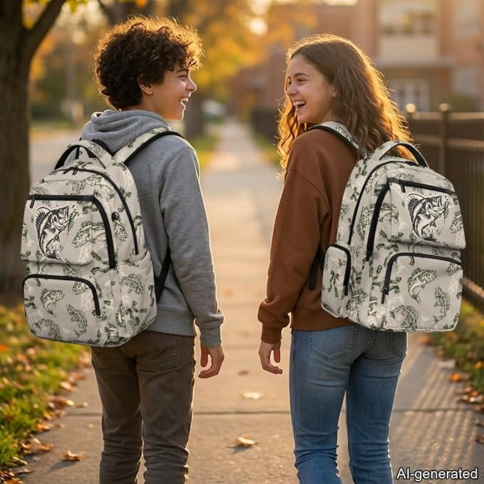 Bass Fish Camo Kids Backpack Set 4Pcs, 17 Inch School Bag | Lunch Bag, Pencil Case, Water Bottle Holder, 600D Durable Fabric, Multi Pockets, for Elementary Middle School Daily Use - Image 2