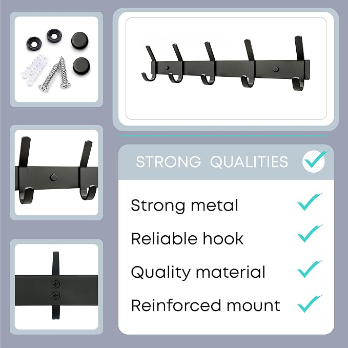 Coat Rack Wall Mount – 15 Inch Stainless Steel Hook Rail with 5 Double Coat Hooks for Hanging – Wall Mounted Entryway Organizer for Coats, Hats, Bags, Towels, Robes, Closet or Bathroom - Black 2 Pack - Image 3