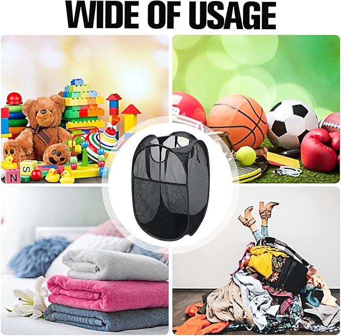 AQQA 9 Pcs Mesh Popup Laundry Hamper Set, Black/White/Blue, Durable Handles, Foldable, Sturdy Mesh Construction, Ideal for Kids, Teens, Adults, College Dorm, Camping, Hotel, Travel - Image 6
