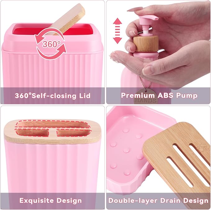 XLHOMO Bathroom Accessories,Bathroom Set with Shower Curtain,Rugs,Trash Can,Lotion Soap Dispenser,Toothbrush Holder,Soap Dish, Tags with Tray（Pink1 ），（Bath Set+Shower Curtain+Bath Rugs） - Image 4