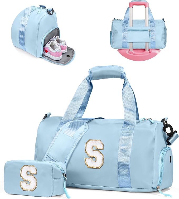 Presents For Girls-Girl Gym Bag with Shoe Compartment, Kid Personalized Weekender Overnight Bags, Travel Tote with Makeup Pouch, Gift for 3 4 5 6 7 8 9 10 11 12 Year Old Girls (Letter S) by Vogewood