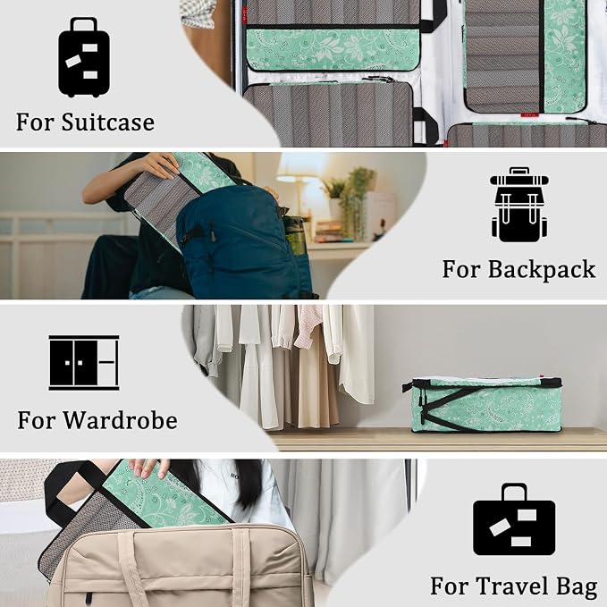 U+U 4 Set Compression Packing Cubes - Ultralight Travel Organizers, Space-Saving Suitcase Organizer, Expandable Packing Cubes for Travel, Business Trip and Family Vacation (Green Paisley) - Image 7
