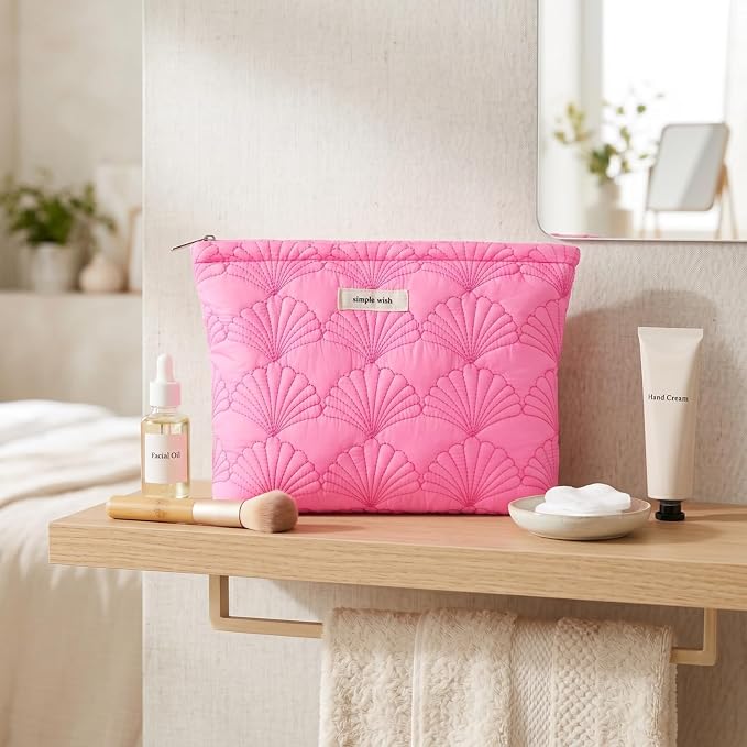 RSRSLEII Quilted Cotton Coquette Makeup bag, Coastal Granddaughter Aesthetic Cosmetic Bag, Cute Seashell Portable Travel Toiletry Pouch (10 Hot Pink) - Image 4