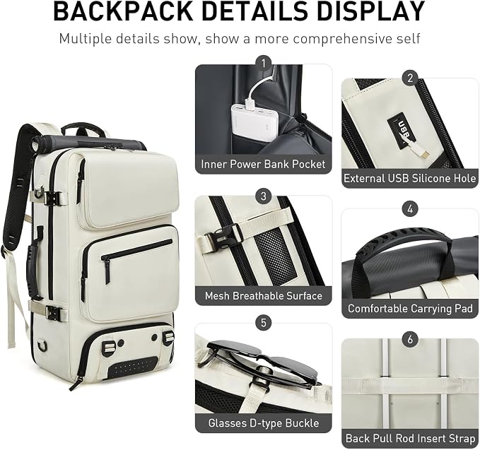 Backpack for Traveling On Airplane,Expandable Carry On Laptop Backpack for Men and Women,Outdoor Travel Bag,Off White - Image 5