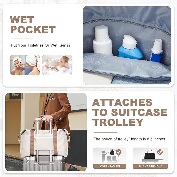 Travel Duffel Bag, Carry On Overnight Weekender Bags for Women | Travel Bag with Wet Pocket & Trolley Sleeve, For Spirit Airlines 18x14x8 Personal Item Bag - Image 5