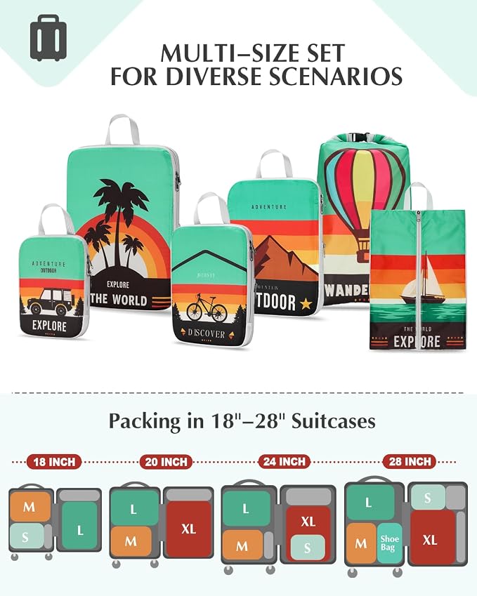 Gonex Compression Packing Cubes, 6pcs Expandable Storage Travel Luggage Bags Organizers with Shoe Bag Laundry Bag, Travel Cubes for Suitcase Carry On (Outdoor Exploration) - Image 5