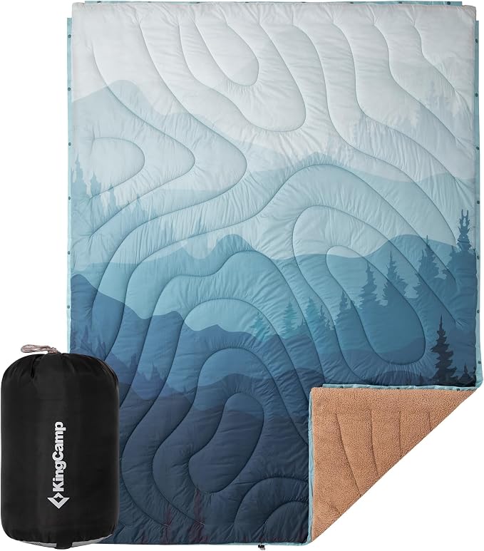 KingCamp Large Camping Blanket with Sherpa Lining, Packable Down Alternative Puffy Printed Wearable Blanket with Snap Buttons, Warm Weatherproof Quilt for Outdoor Travel (79" L x 57" W, Cyan) by KingCamp