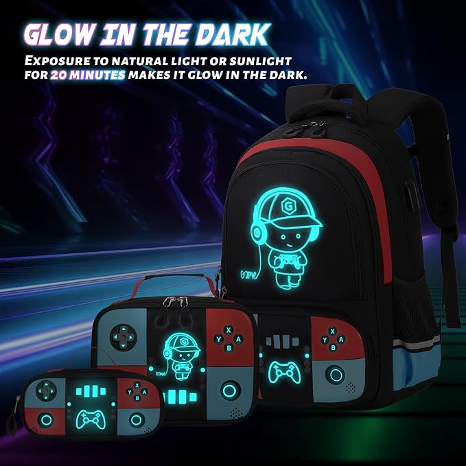 Bevalsa Backpack for Boys with 43OZ Bento Lunch Box,Insulated Lunch Bag & Pencial Case,Cool Luminous Gamer Schoolbag for Kids Teens Elementary Middle School,Bookbag Glow In The Dark - Image 8