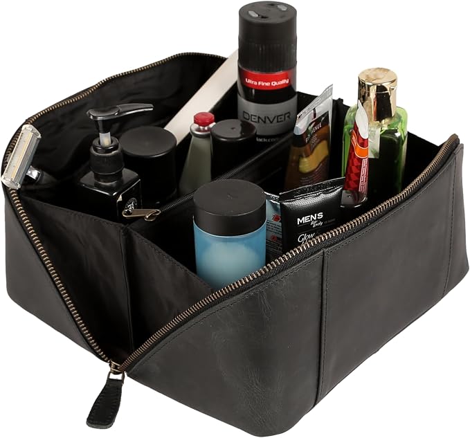KomalC Luxury Leather Men’s Toiletry Travel Bag – Handmade Shaving Kit with Waterproof Interior, Spacious Storage & Carry Handle – leather travel Kit Bag for Men & Women (Black) - Image 4