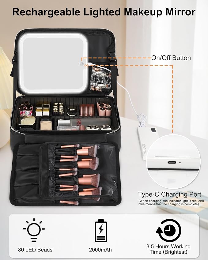 Chomeiu Makeup Bag with LED Mirror, Large Travel Cosmetic Train Case for Women, Makeup Artists Large Organizer Box with Vanity Light Up Mirror, 3 Color Lights, Adjustable Dividers (Black) - Image 6