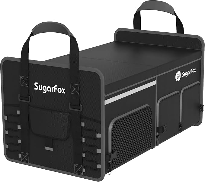 SugarFox Bold Color Block Trunk Organizer, Foldable with 26L Ice Pack,95L Dedicated Shoe Space, Stylish for SUV/Car (Black, Midsize) by SugarFox