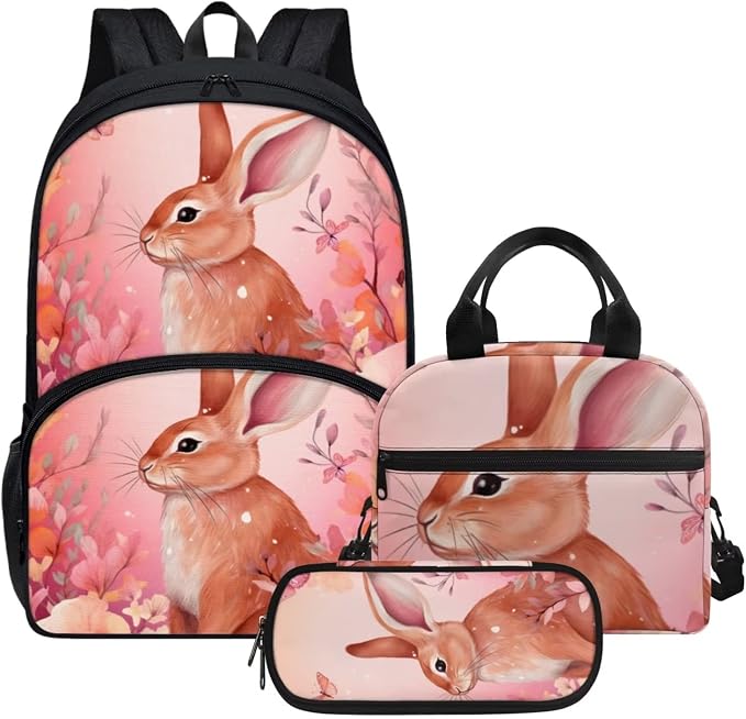 Pink Rabbit Backpack with Lunch Box and Pencil Case Girls Comfy Padded Cute School Backpack Set of 3 Bookbag for Student Lightweight Large Capacity Daypack by Parprinty