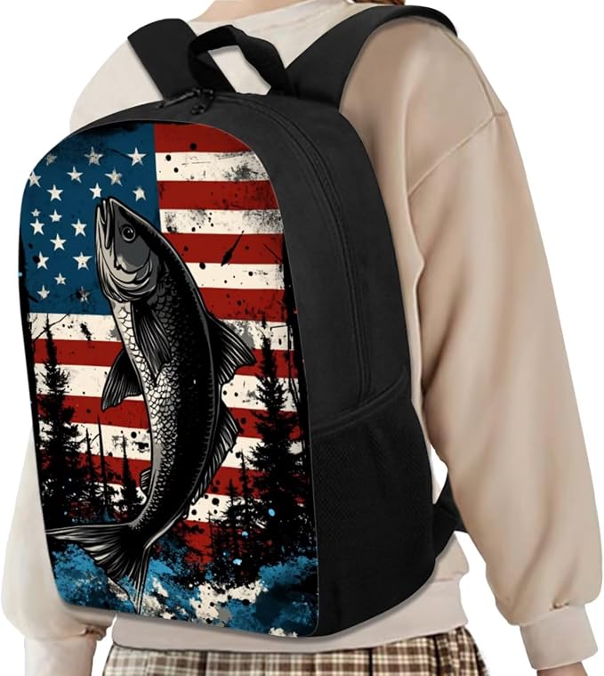 GIFTPUZZ Fish American Flag Backpack Set for Elementary Boys | Vintage Patriotic Print, 4-in-1 School Set, 17 Inch Bookbag with Lunch Box, Pencil Case, Water Bottle Sleeve, Ages 6-8 - Image 3