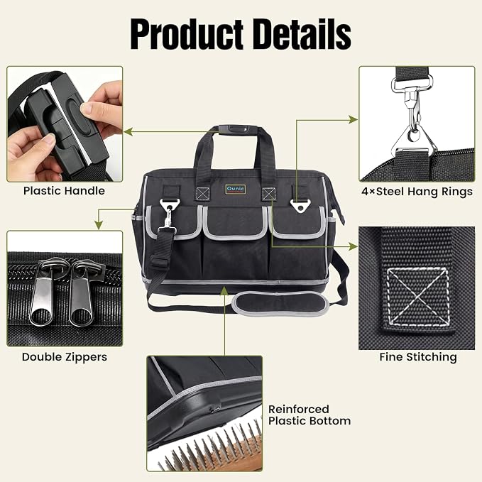 Tool Bag, Ounic 16 Inch BigTool Tote Bag Heavy Duty With Waterproof Molded Base, Wide Mouth Tool Box Organizer with Adjustable Shoulder Strap for Electrician Mechanic Craftsman Plumbers(Black) - Image 4