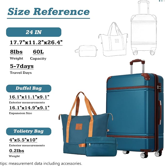 Merax Luggage Set,24 IN Hardside Suitcase with Duffel Bags,3 Piece Expandable Luggage with Spinner Wheels, Vintage Luggage with TSA Lock Lightweight,(Blue) - Image 2