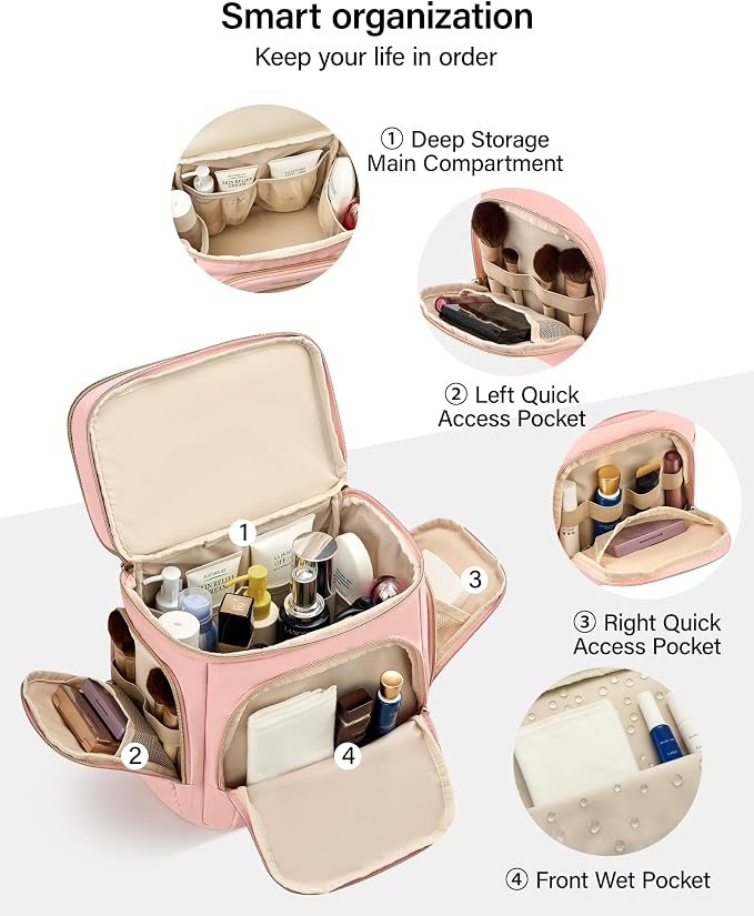 Hanke Large Toiletry Bag for Women Travel, Double Layer Organizer with Wide Opening for Full-Size Cosmetics & Toiletries, 12.2L Water-Resistant Makeup Bag,Pink - Image 3