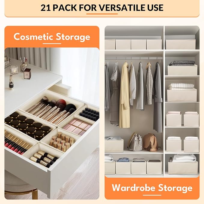 FANS-ONE Natural Linen Drawer Organizer Clothes - 21 Pack 3 Size, Beige | Foldable, Dresser Organizer for Baby Clothes, Underwear, Socks, Storage Bins for Nursery, Bedroom - Image 6
