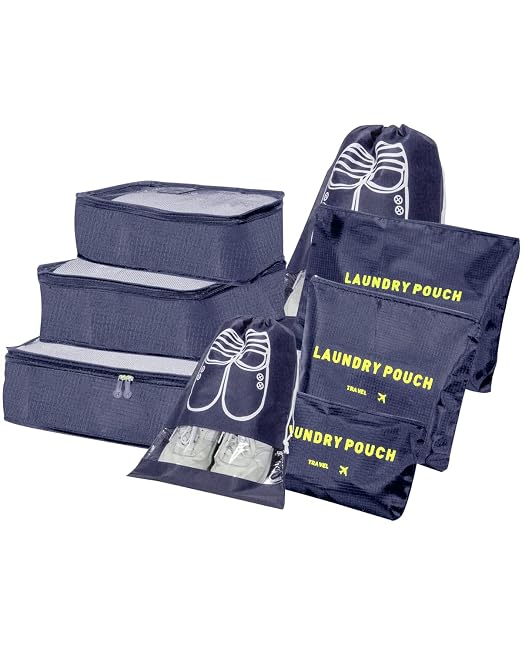 8-in-1 Suitcase Organiser Set for Travel, Clothes Bags, Packing Cubes, Luggage Organisers for Clothes, Shoes, Underwear, Cosmetics, Dark Blue by BillyBath