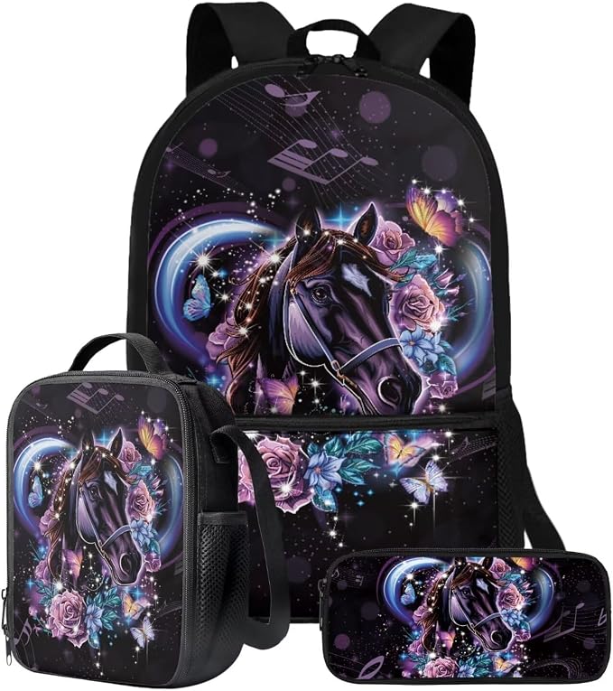 Backpack Set with Zipper Schoolbag Vintage Rose Horse Musical Note Print Large Capacity Bookbag Lunch Box Pencil Case 17 Inch Travel Laptop Backpacks Rucksack Daypack by ZIATUBLES