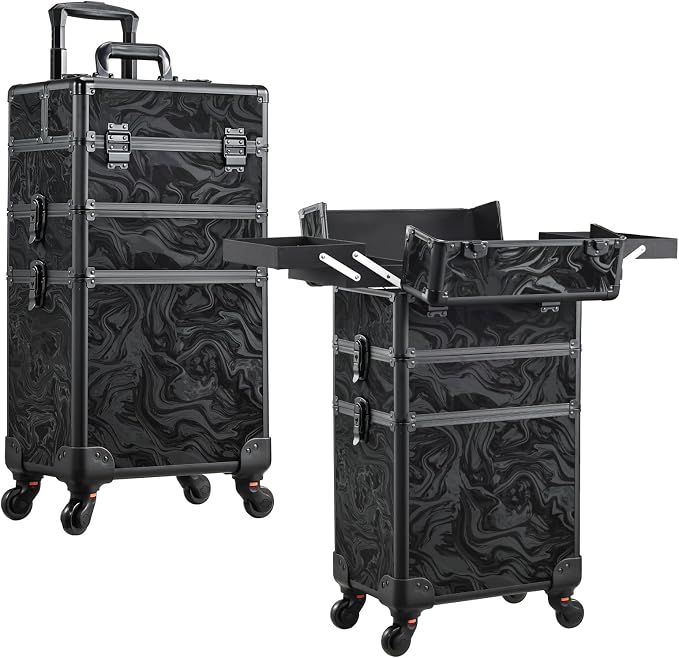 FRENESSA 3 in 1 Rolling Makeup Case Cosmetology Case on Wheels Alpine Black | Cosmetic Trolley Large Storage with Keys 360° Swivel Salon Barber Case Traveling Cart Trunk for Artist Hairstylists Nail Tech by Frenessa