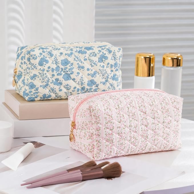 Makeup Bag Travel Toiletry Bag for Women, Small Cosmetic Bags Cute Quilted Cotton Makeup Pouch for Purse Emergency Bag Pencil Case Accessory Bag, Pastel Pink - Image 7