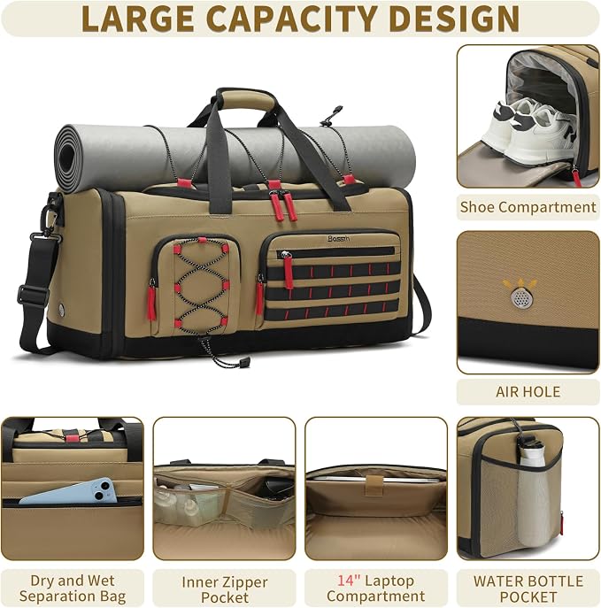 Bosstin Gym Bag for Men & Women,45L Travel Duffle Sports Duffel Bag Gym Weekender Overnight Backpack with Shoe Compartment (Khaki) - Image 3